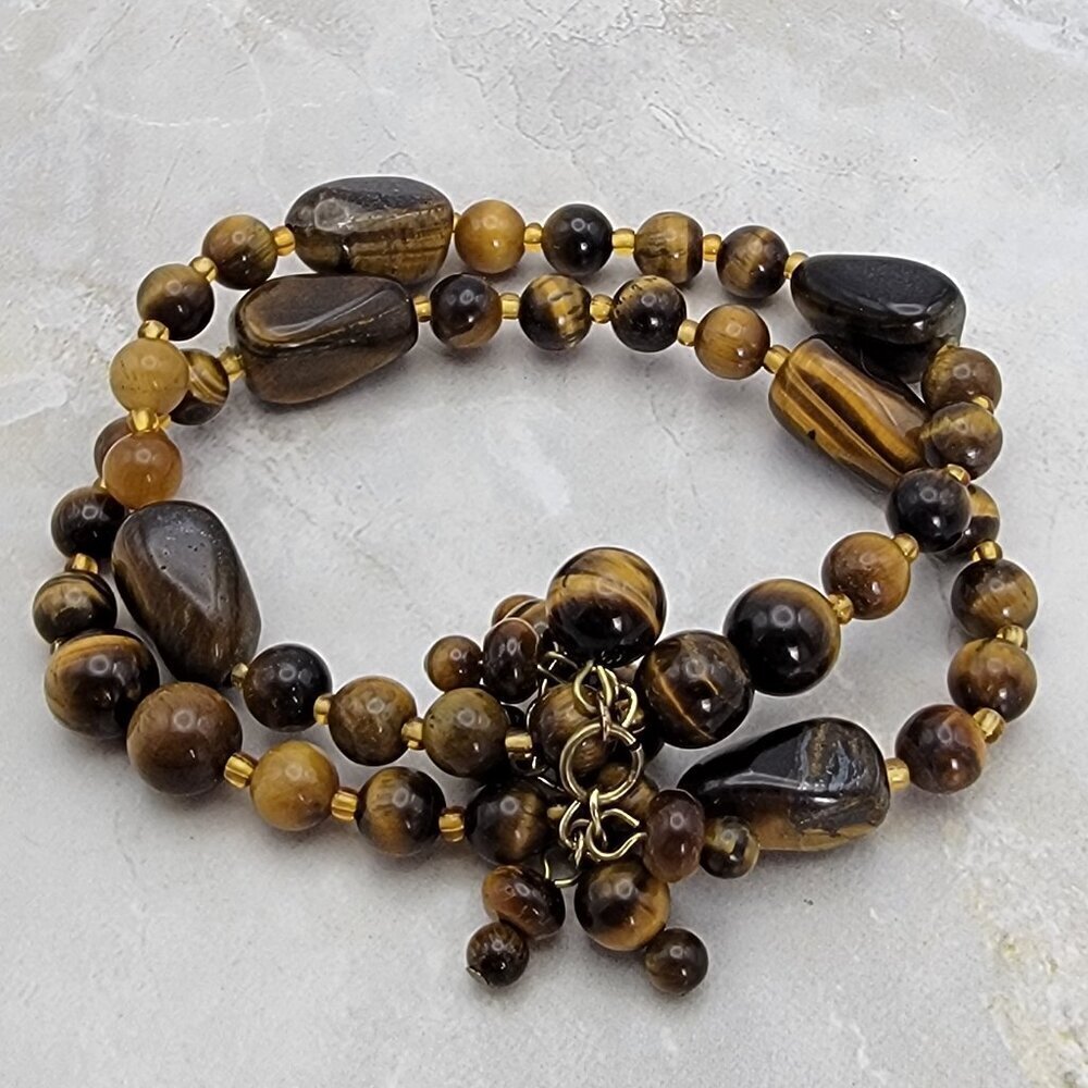 Natural Tiger's Eye Beaded Stretch Bracelet Double Row 6.5" Brown Sizable Boho
